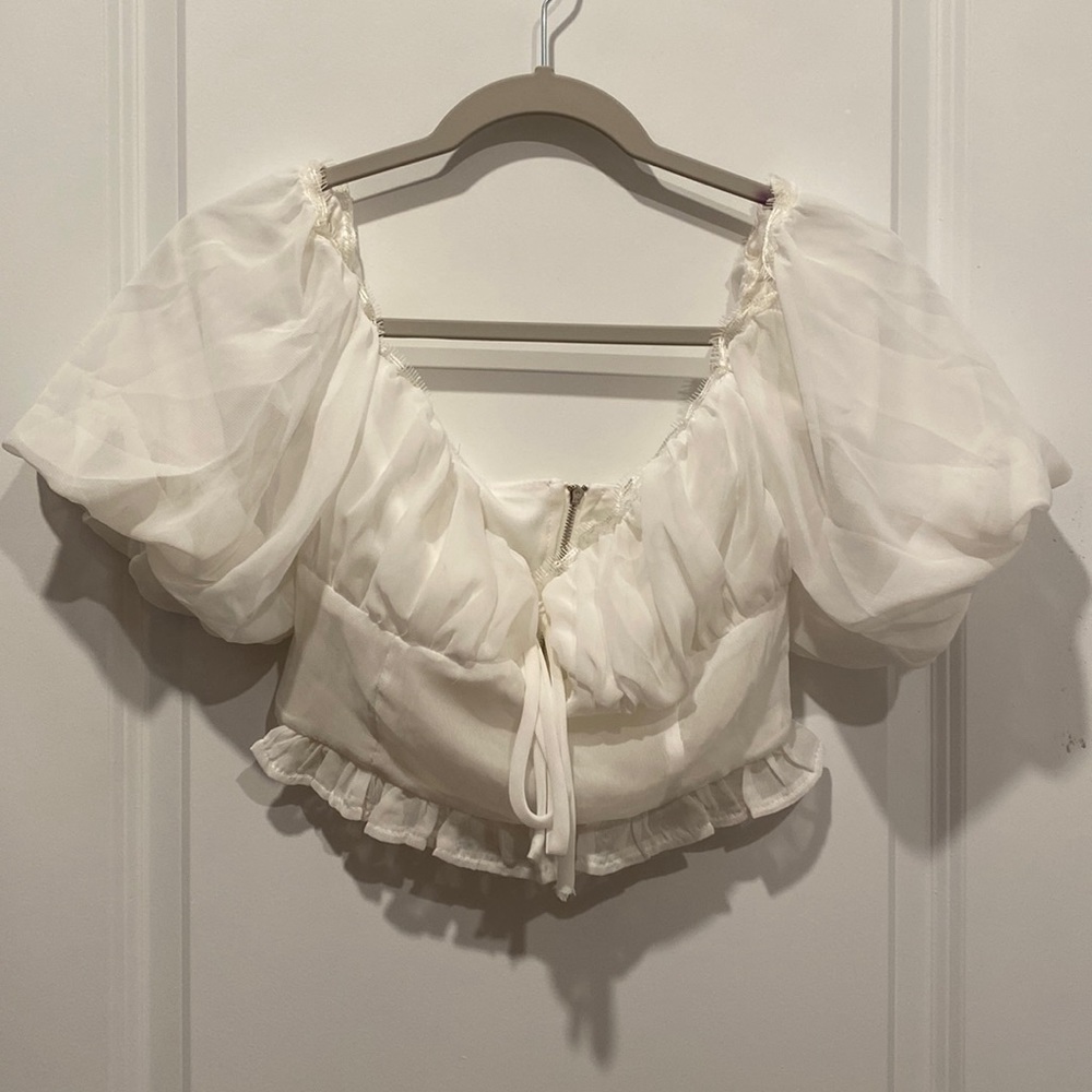 Missguided Puff Sleeve Chiffon Off Shoulder Crop Top Size 4